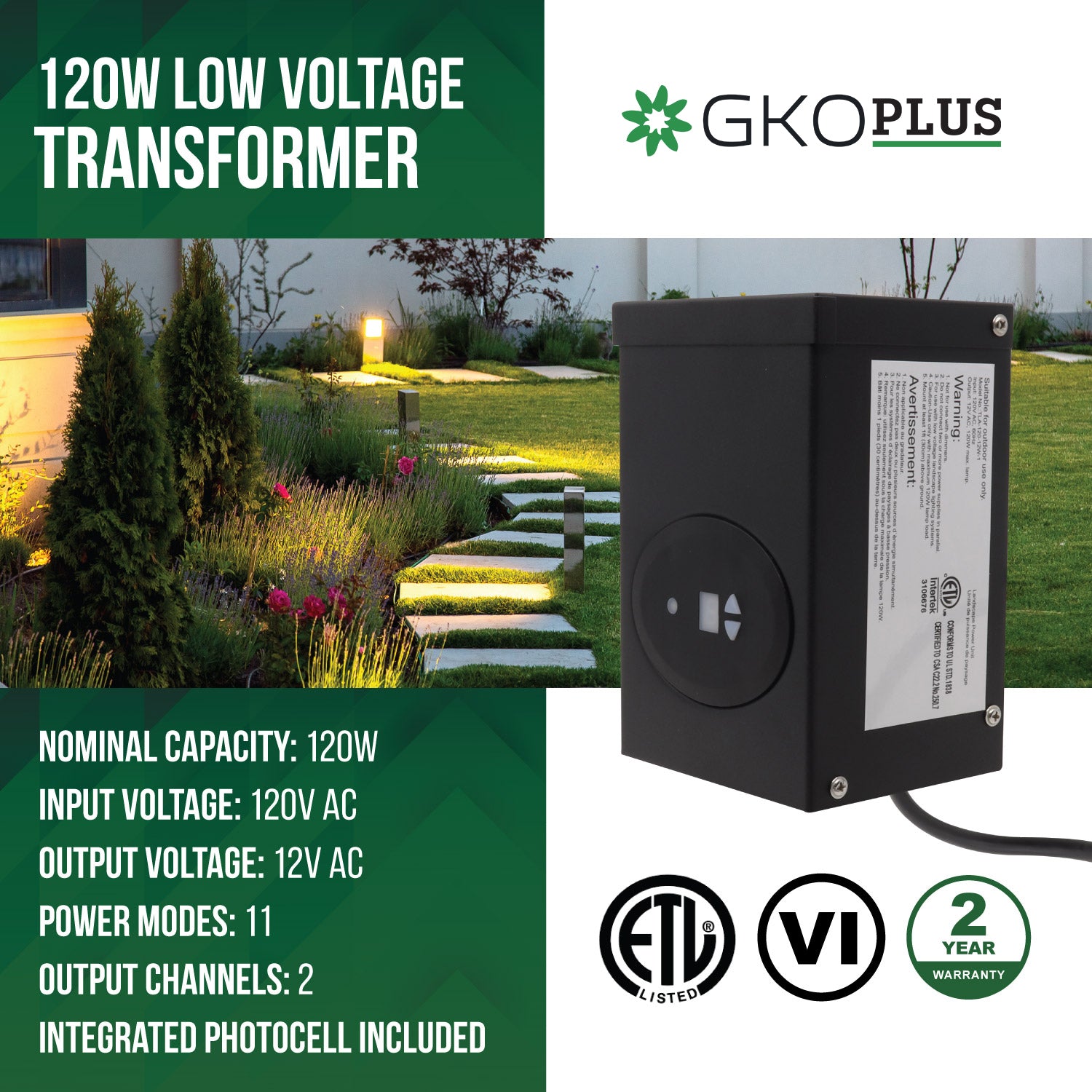 Transformer, 120V AC to 12V AC, 120W, ETL Listed, CEC VI Certified