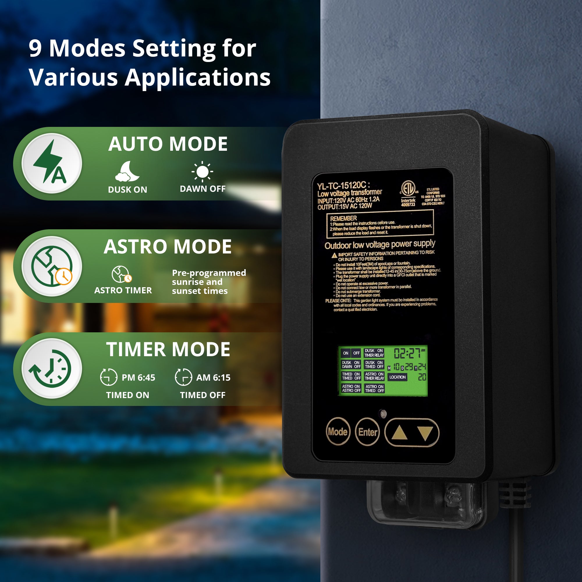 120W Transformer, Astro Timer & Photocell Integrated, 15V AC Output