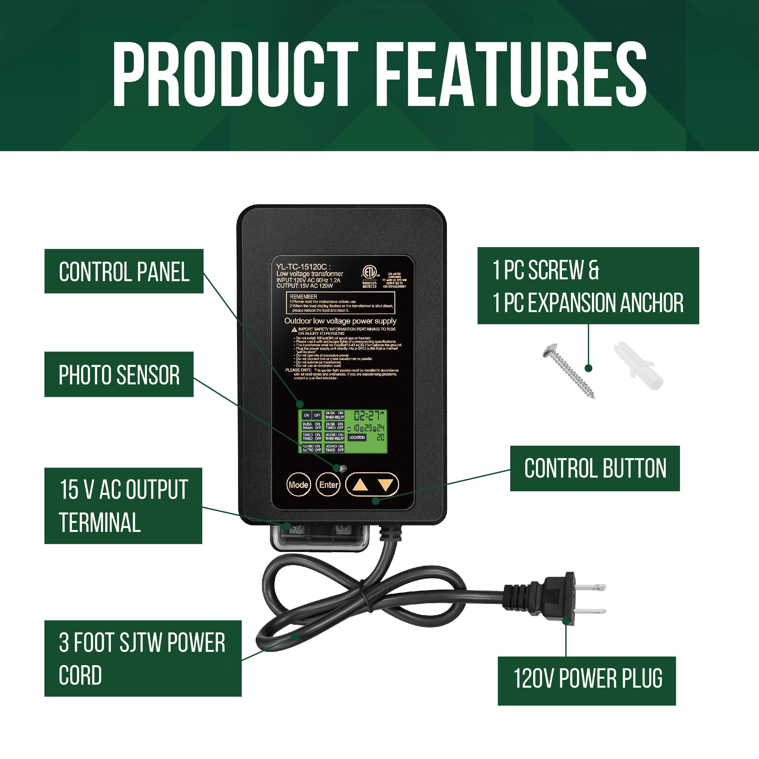120W Transformer, Astro Timer & Photocell Integrated, 15V AC Output