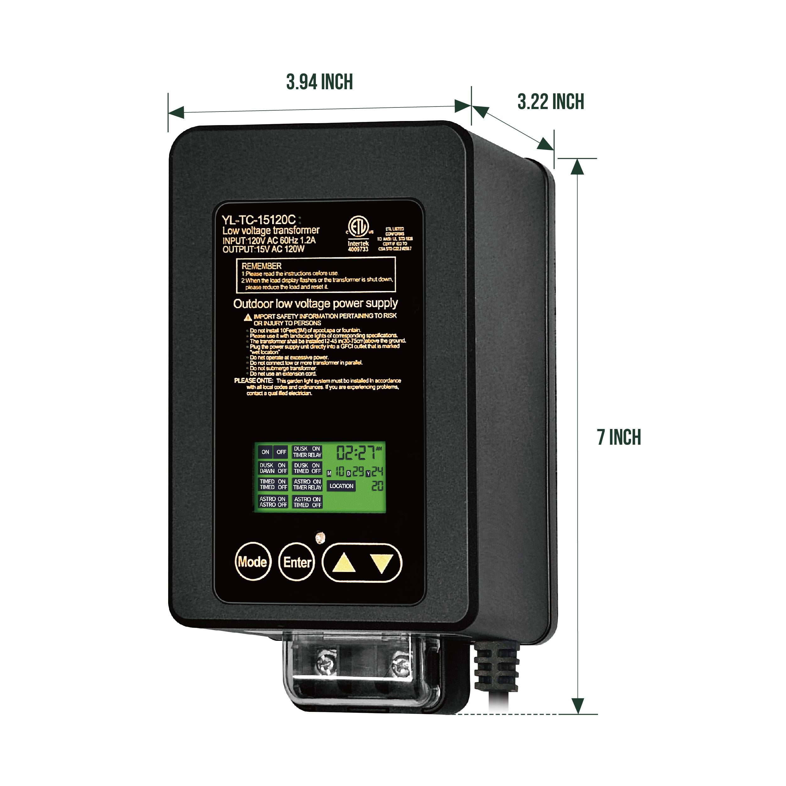 120W Transformer, Astro Timer & Photocell Integrated, 15V AC Output