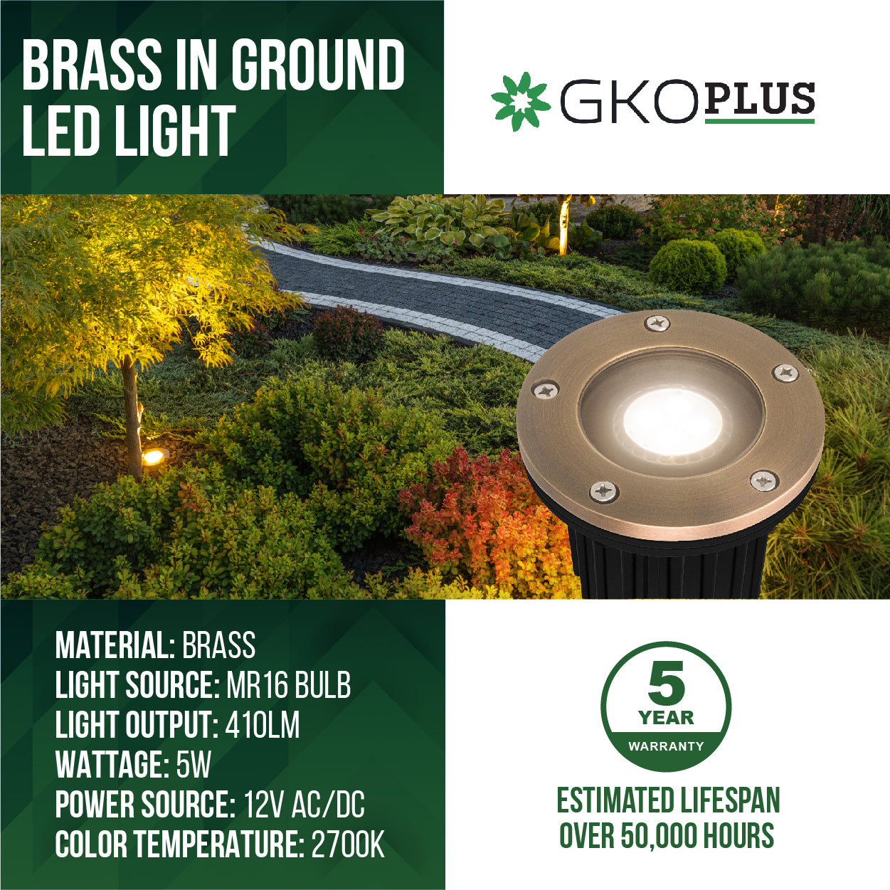 Low Voltage Brass In-ground Well Light, Flat Top, 12V AC/DC, 5W, 410Lm, 2700K (MR16 Bulb Included)