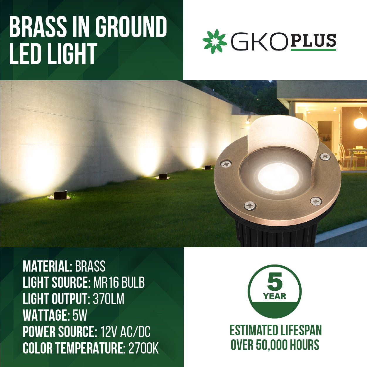 Low Voltage Brass In-Ground Well Light, Shield Top, 12V AC/DC, 5W, 370Lm, 2700K, (MR16 Bulb Included))