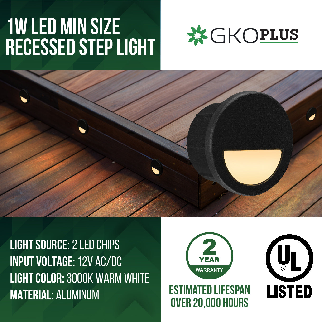 Low Voltage Recessed Mini Size Eyelid Step Light with Integrated LED Chips, 1W, 12V AC/DC, Black, Φ1", 3000K