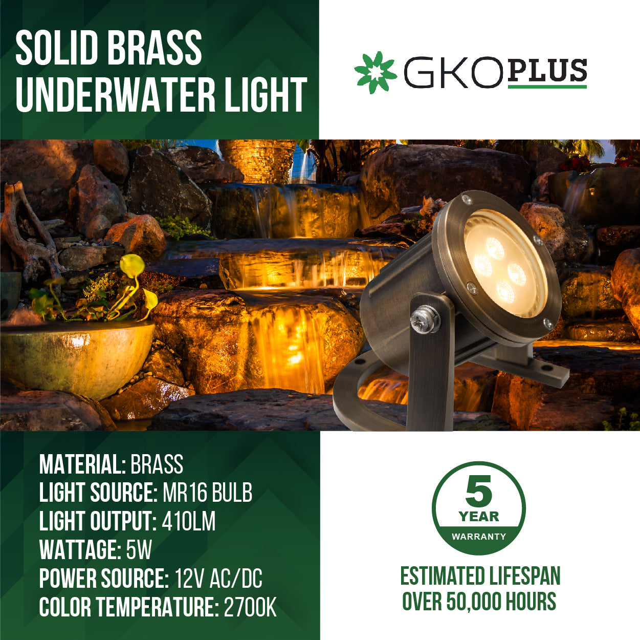 Low Voltage Brass Underwater Pond Light, 12V AC/DC, 5W, IP68 Waterproof, 2700K (MR16)