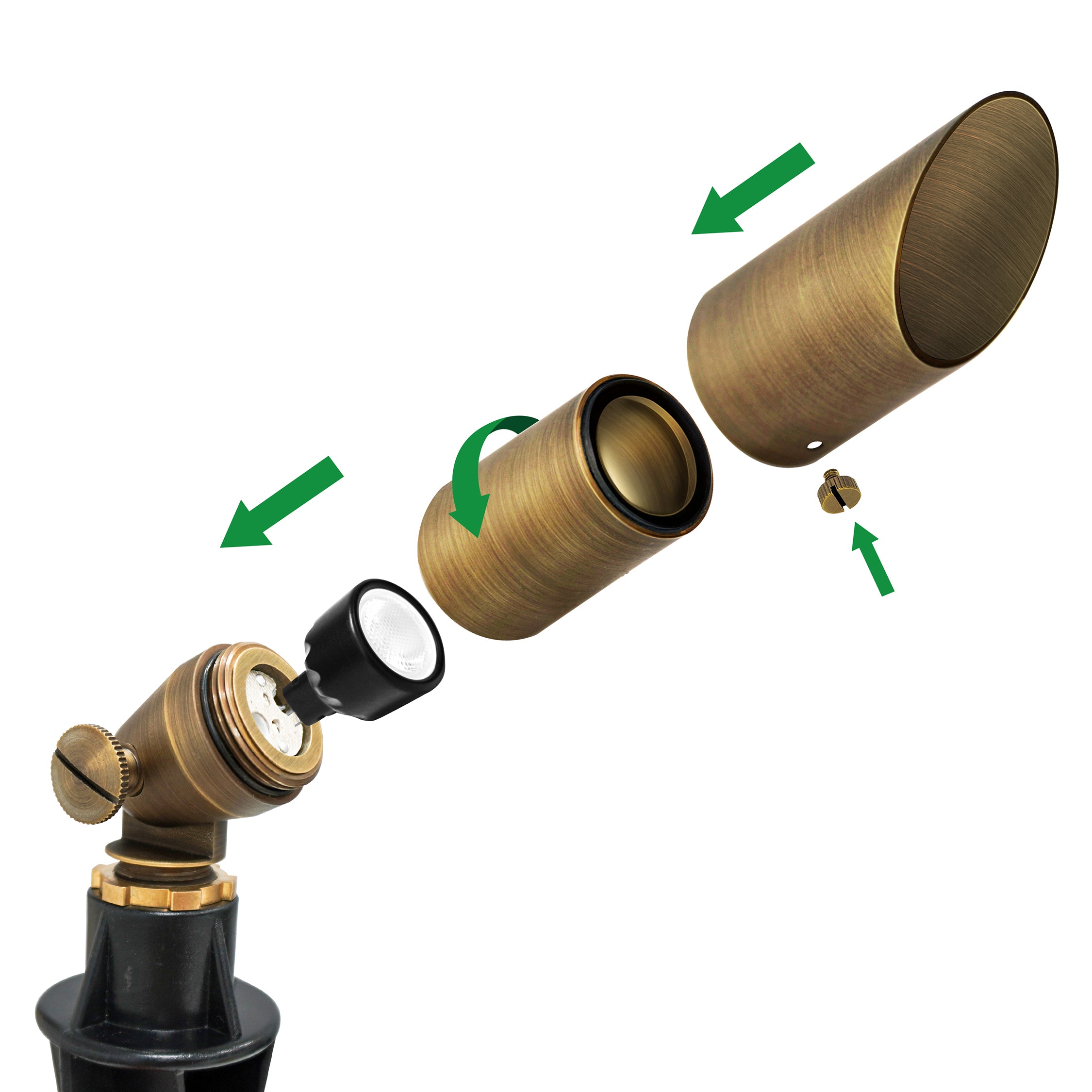 Low Voltage Mini Size Brass Spotlight, Shroud Adjustable, 12V AC/DC, 3W, 180lm (MR8 Bulb Included)