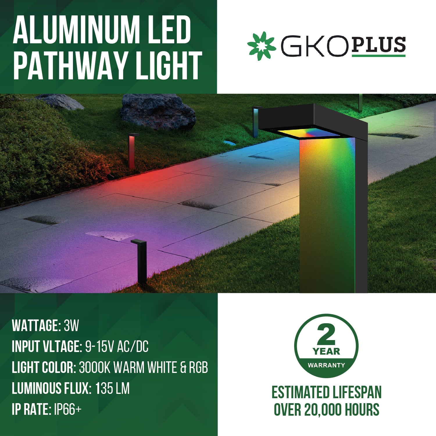 Low Voltage Landscape Pathway Light, 9-15V AC/DC, IP66+ Waterproof, Color Changing