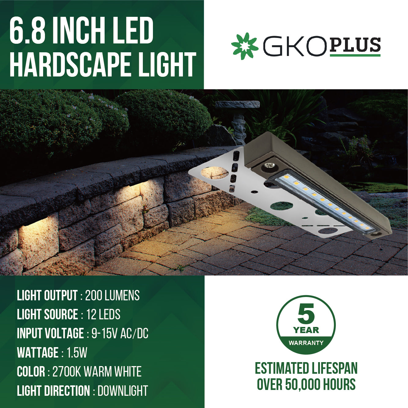Replaceable Low Voltage Hardscape Light, Retaining Wall Lights, 6.8" Length, 9-15V AC/DC, 1.5W, 200lm, 2700K