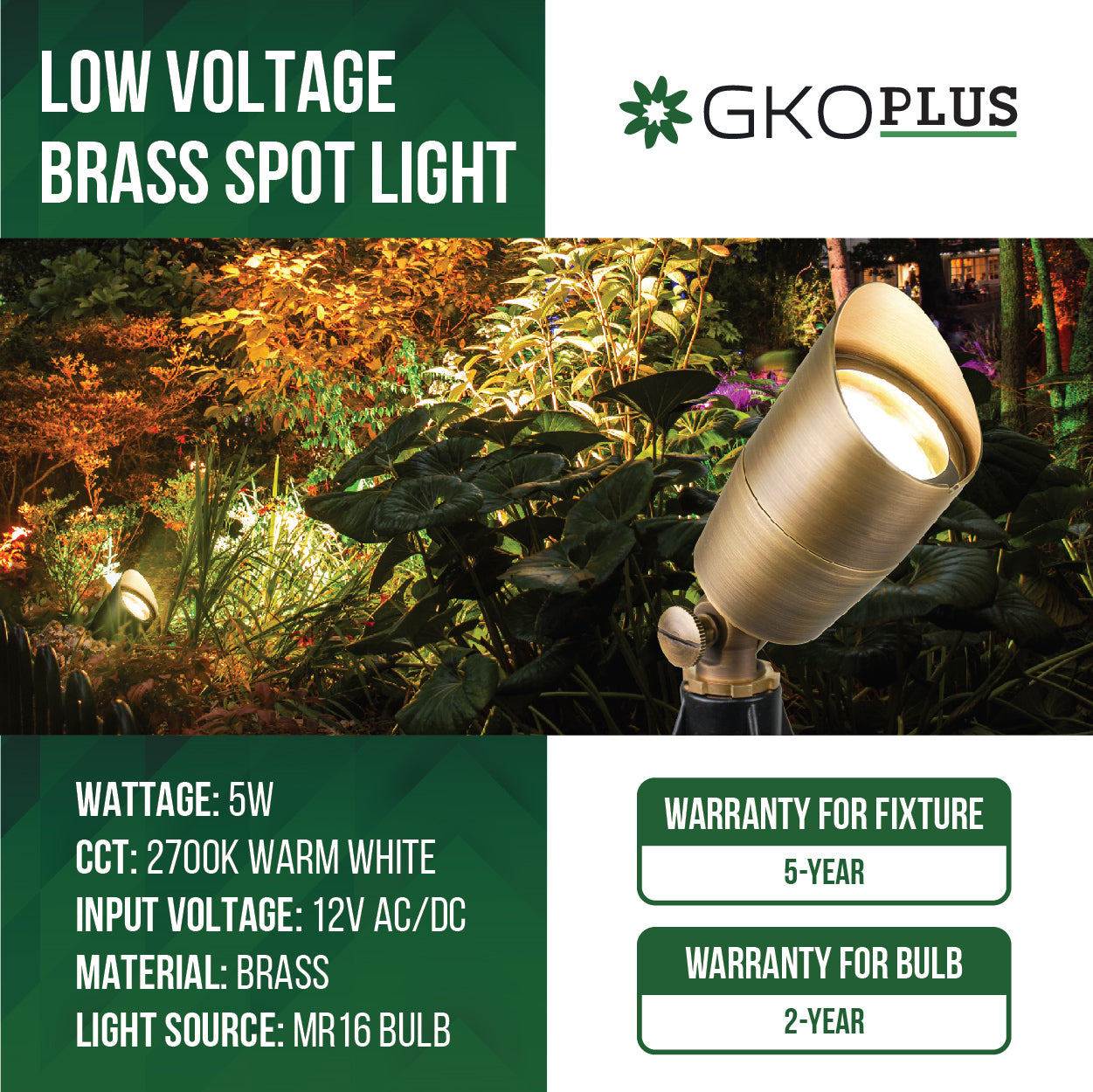 Low Voltage Compact Brass Landscape Spotlight, 5W, 12V AC/DC (MR16)