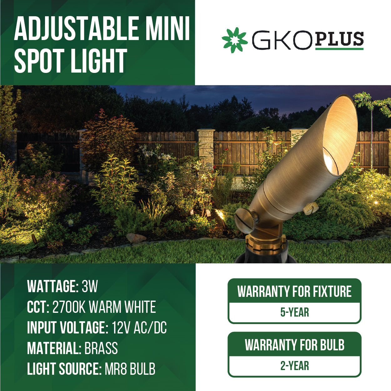 Low Voltage Mini Size Brass Spotlight, Shroud Adjustable, 12V AC/DC, 3W, 180lm (MR8 Bulb Included)