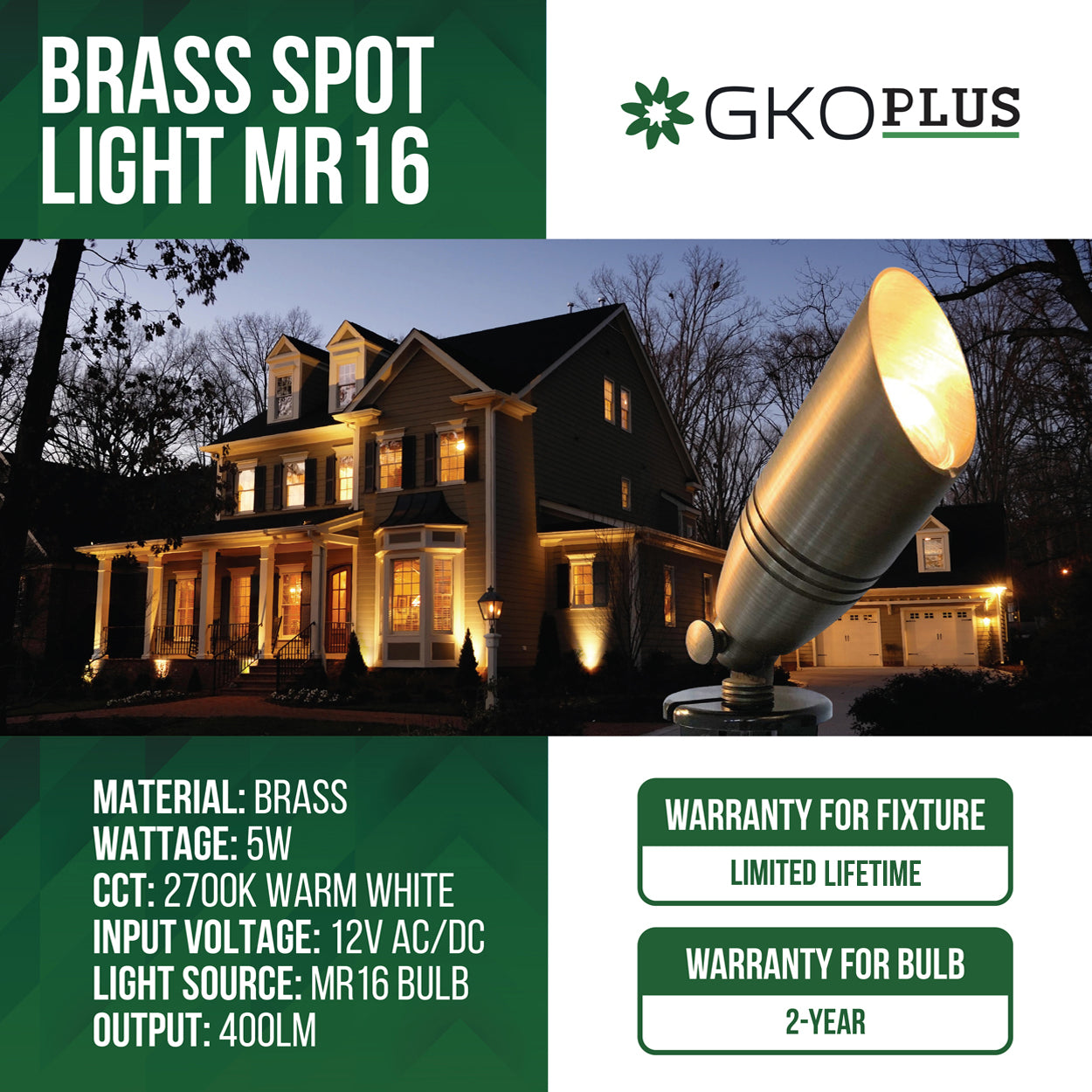 Low Voltage Solid Brass Landscape Spotlight, 12V AC/DC, 5W, 2700K, UL Listed (MR16)