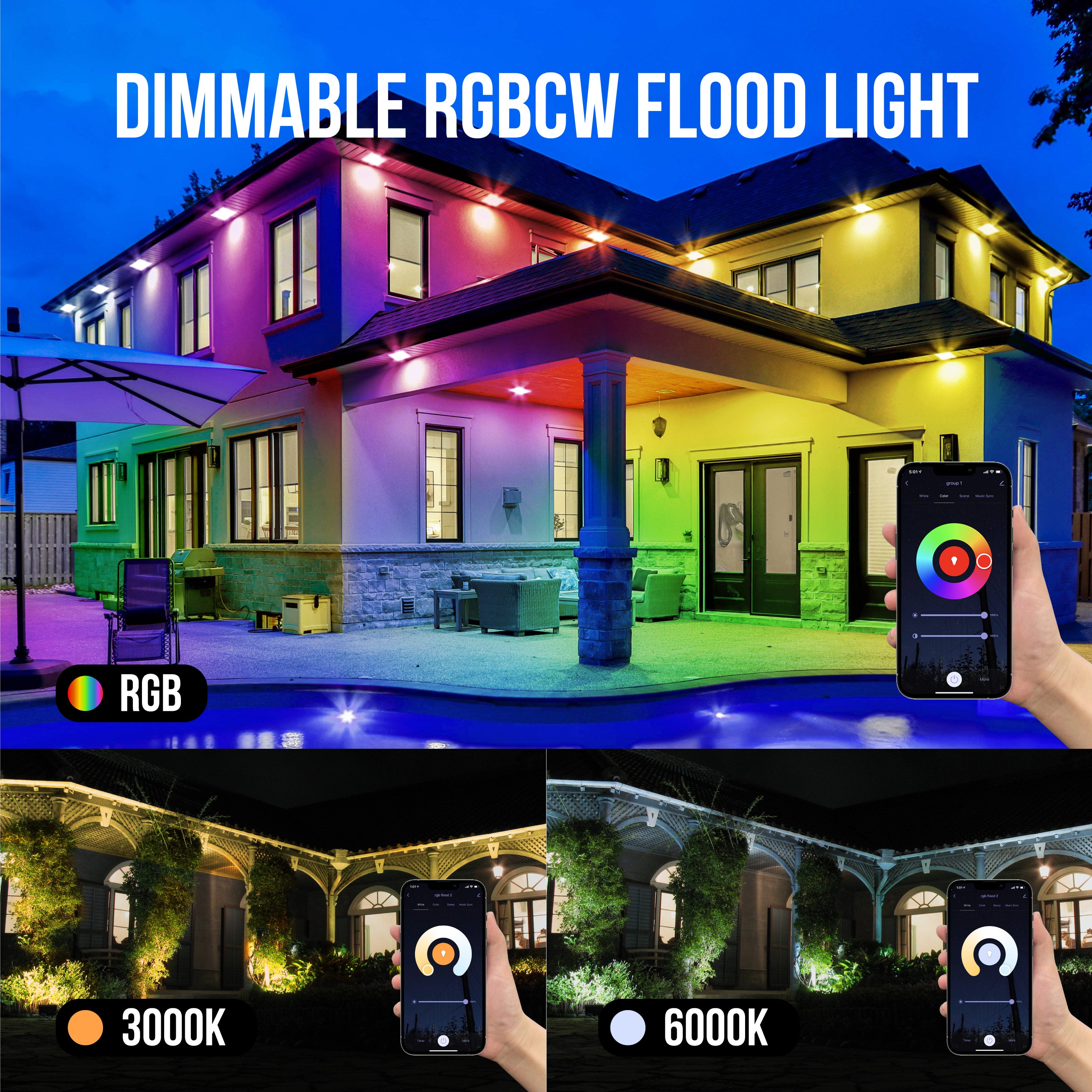 20W RGBCW APP Control Flood Light, 120V AC, IP65 Waterproof, Dimmable