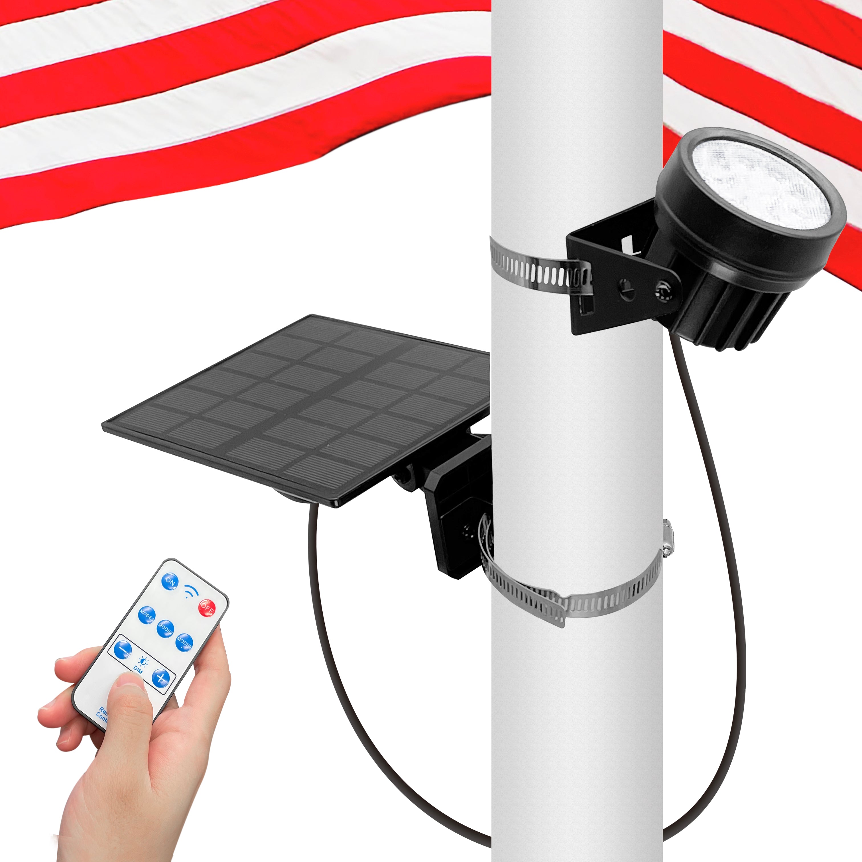 Three Light Modes Solar Flag Pole Light, Remote Control, Fits 2-4” Flag Pole in Diameter, 3000K